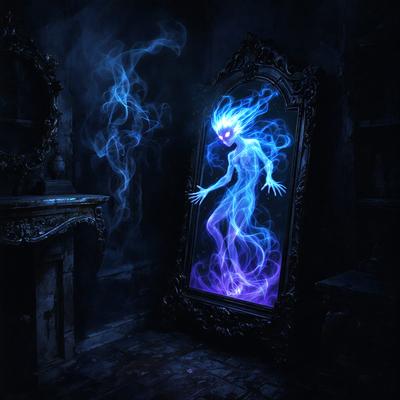 The primary subject of the image is a purple ghostly figure, which appears to be a ghostly woman, standing in front of a mirror. The setting is a dark room, and the visual style is a digital art or illustration. The dominant colors in the image are purple and blue, creating a mysterious and eerie atmosphere.